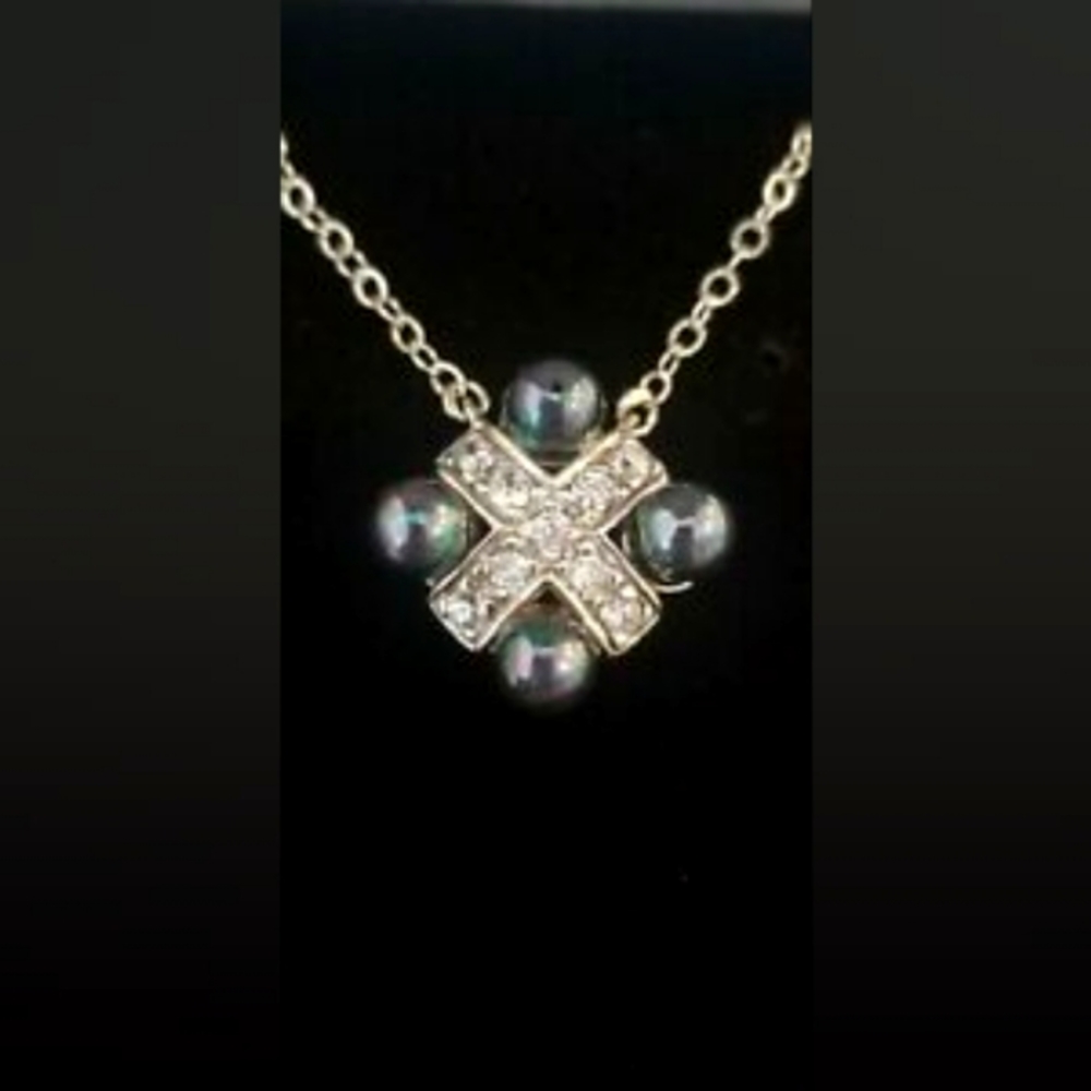 Ross Simons Sterling Silver Faux Peacock Pearl & Cubic Zirconia Pendant Necklace